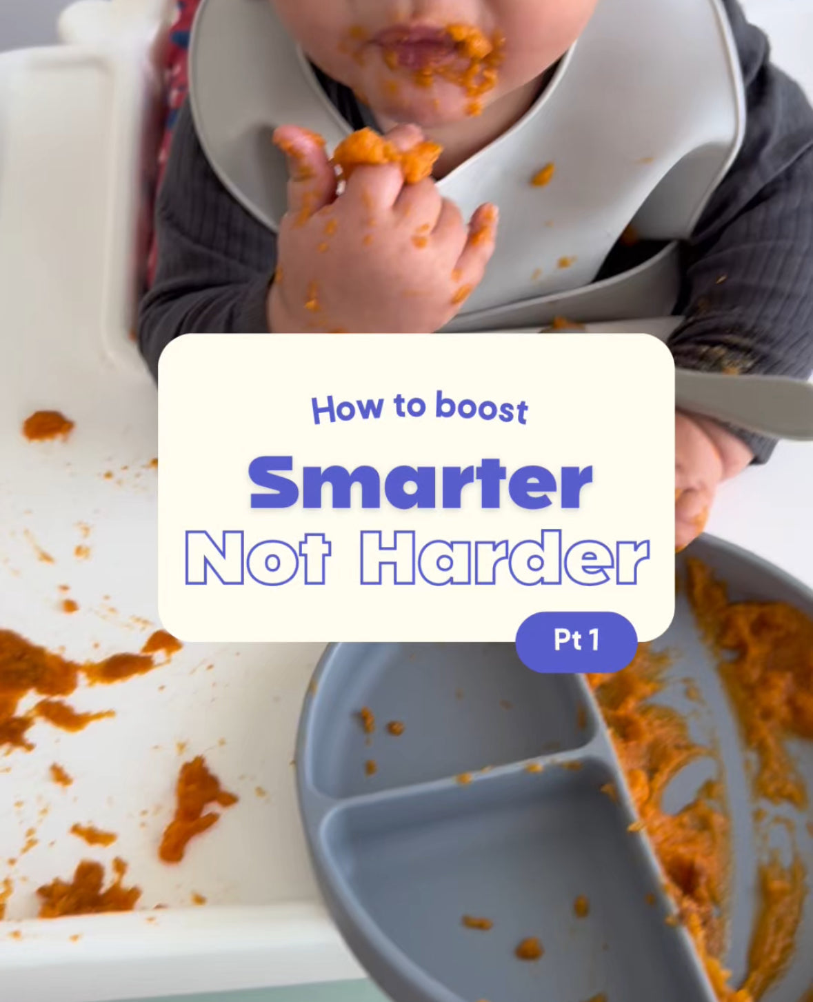 Baby eating messy meal with food catcher bib and tray, mess-free mealtime solution