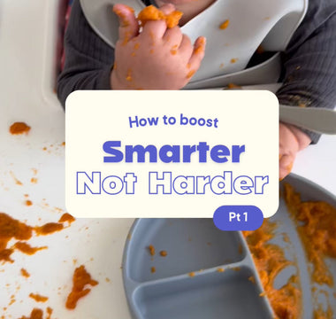 Baby eating messy meal with food catcher bib and tray, mess-free mealtime solution